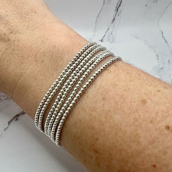 2mm Bracelet made with Sterling Silver Beads on Durable Elastic - Picture 2 of 6
